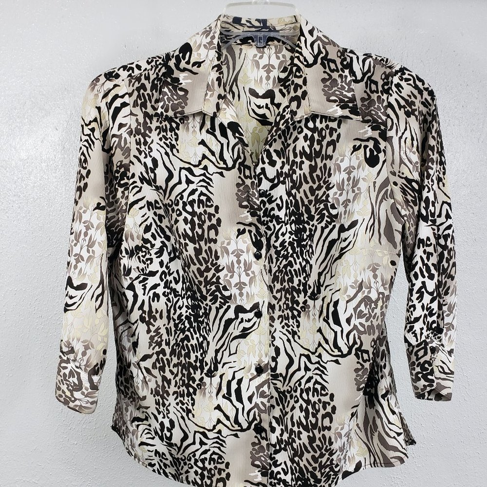 Notations Women's One Piece Black Tank Button Down Animal Print Shirt Top Blouse